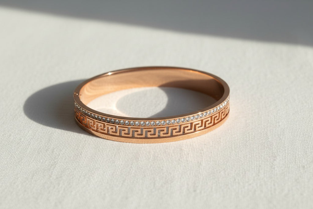 Rose Gold Greek Key Crystal Bangle