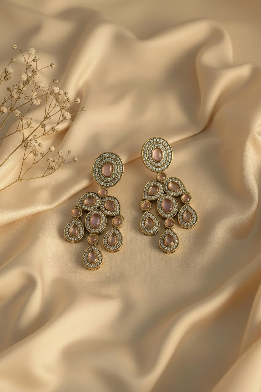 Rose Quartz Cabochon Chandelier Earrings