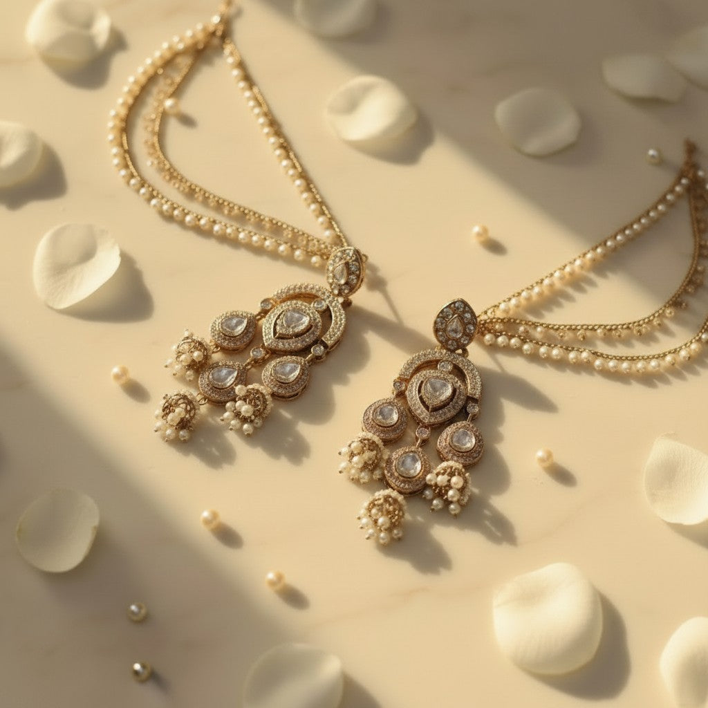 Kundan Polki Chandelier Earrings with Pearl Ear Chain