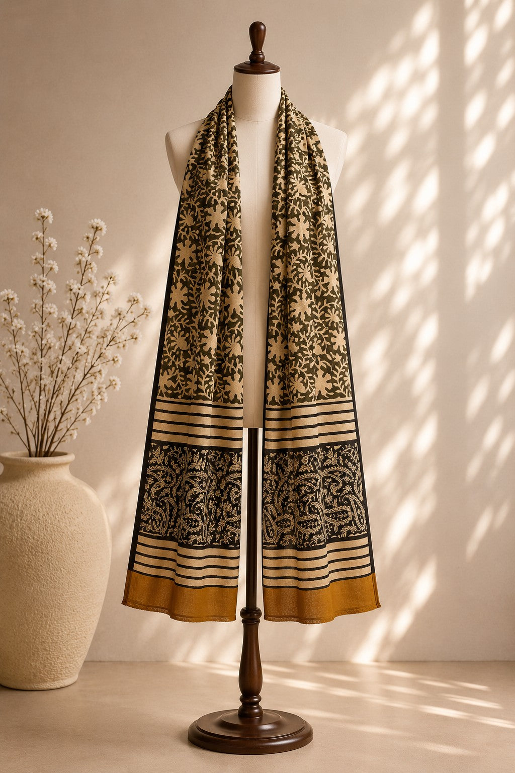 Olive & Cream Floral Jaal Block Print Stole