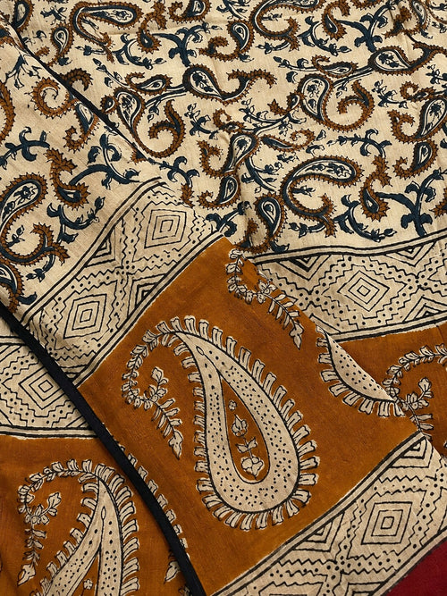 Cream & Indigo Paisley Jaal Block Print Stole