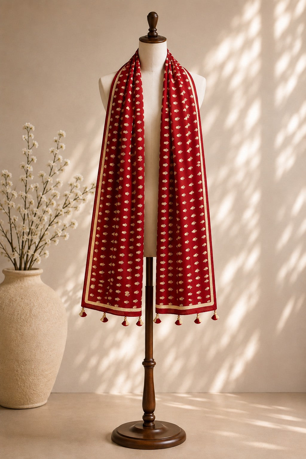 Crimson Red Handblock Print Cotton Stole