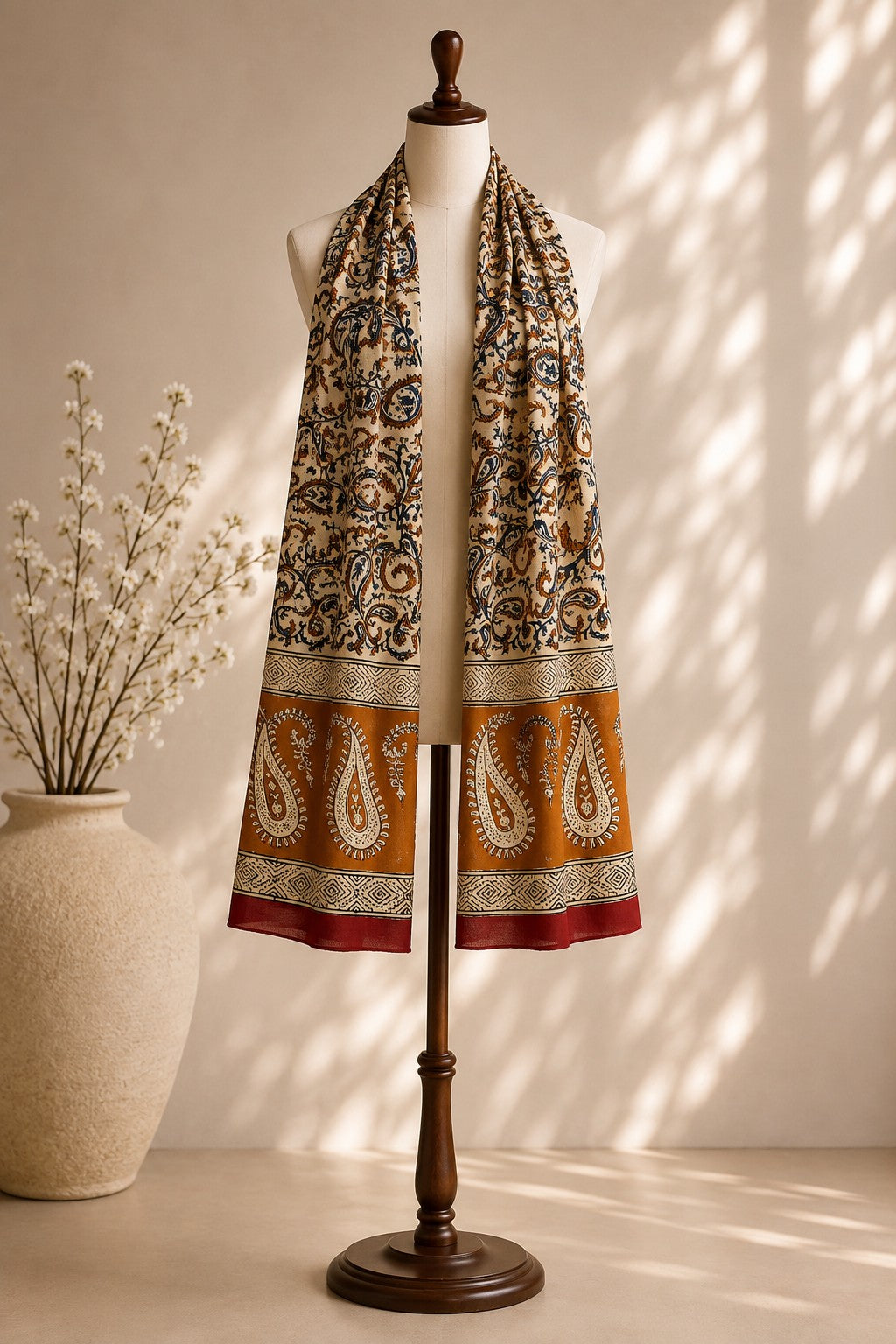 Cream & Indigo Paisley Jaal Block Print Stole