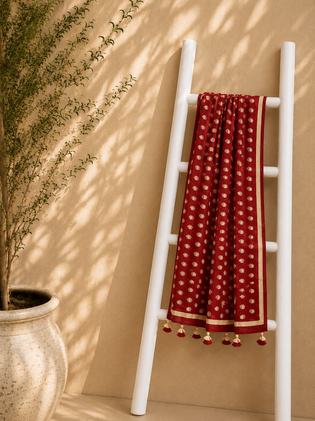 Crimson Red Handblock Print Cotton Stole