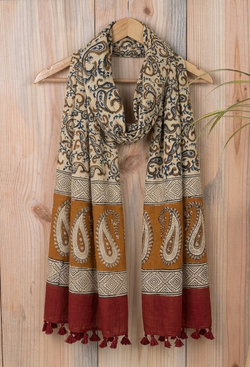 Cream & Indigo Paisley Jaal Block Print Stole