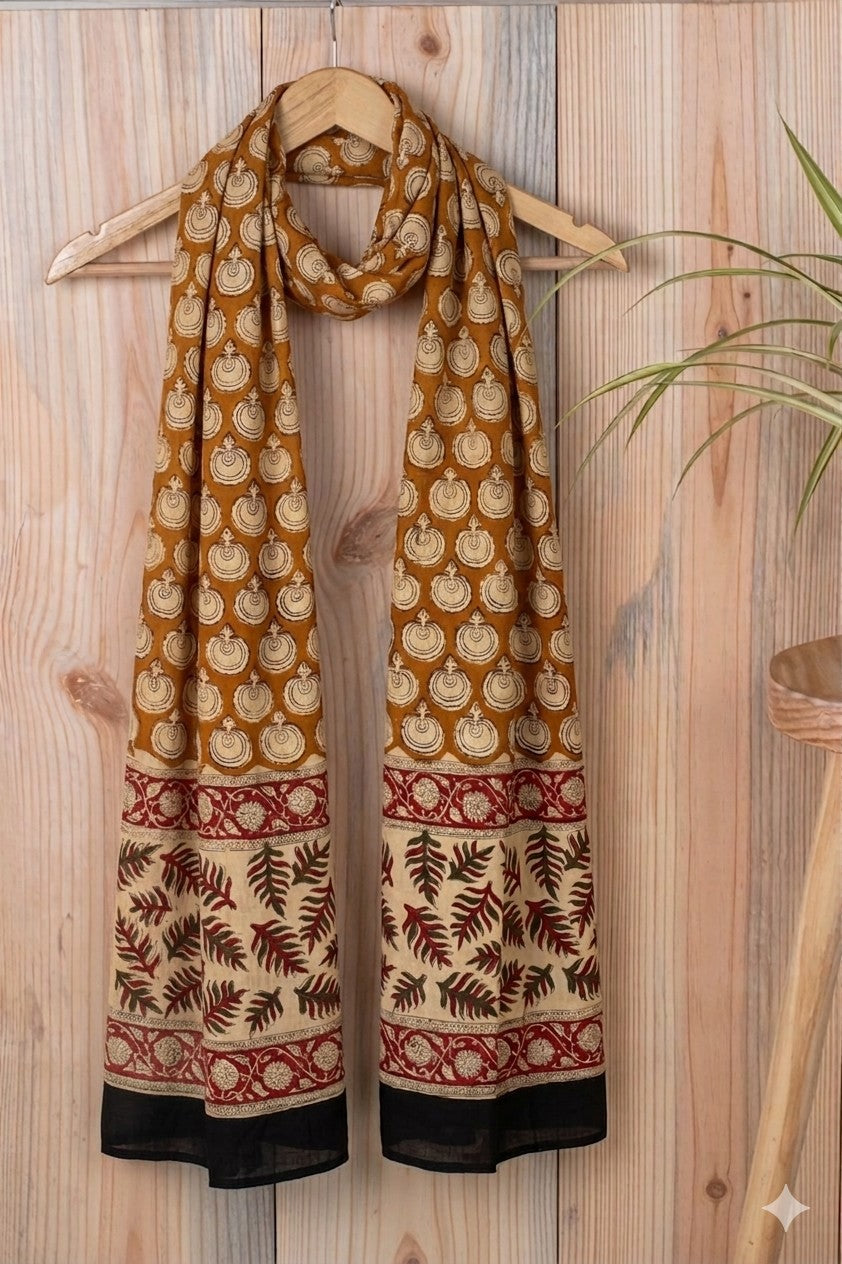 Mustard Kalash & Fern Block Print Stole