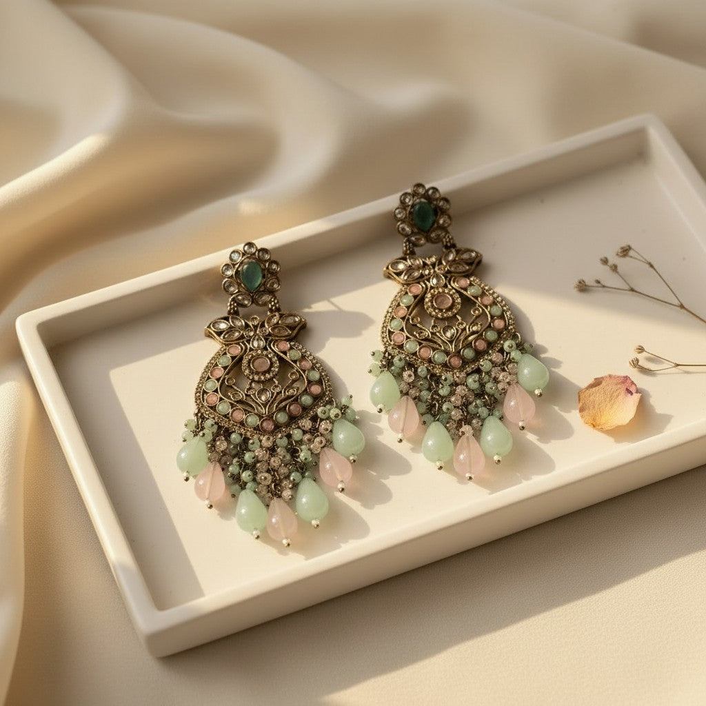 Mint & Blush Polki Chandbali Earrings