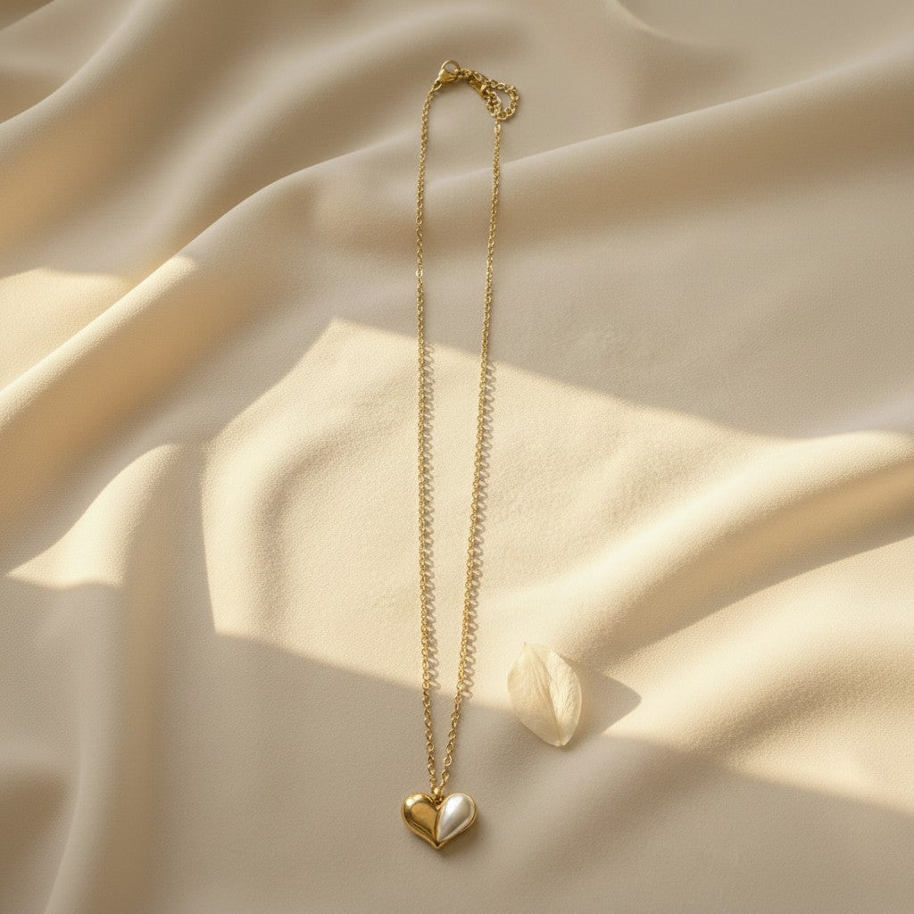 Pearl Accent Puffy Heart Pendant Necklace