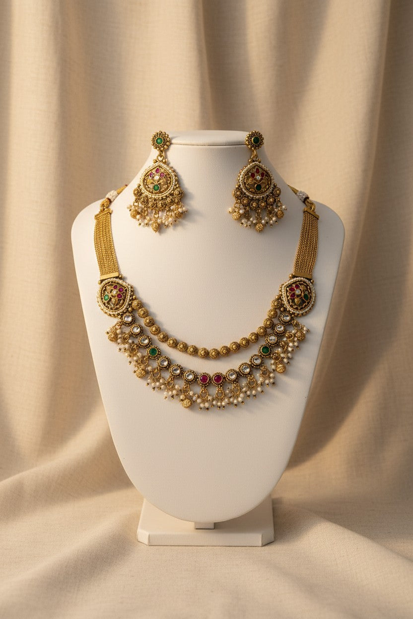 Antique Gold Navratna Double Layered Necklace Set