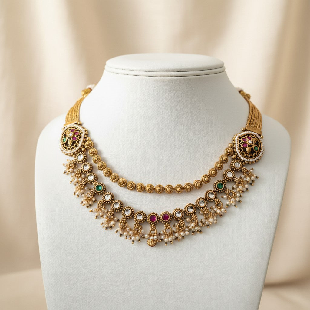 Antique Gold Navratna Double Layered Necklace Set