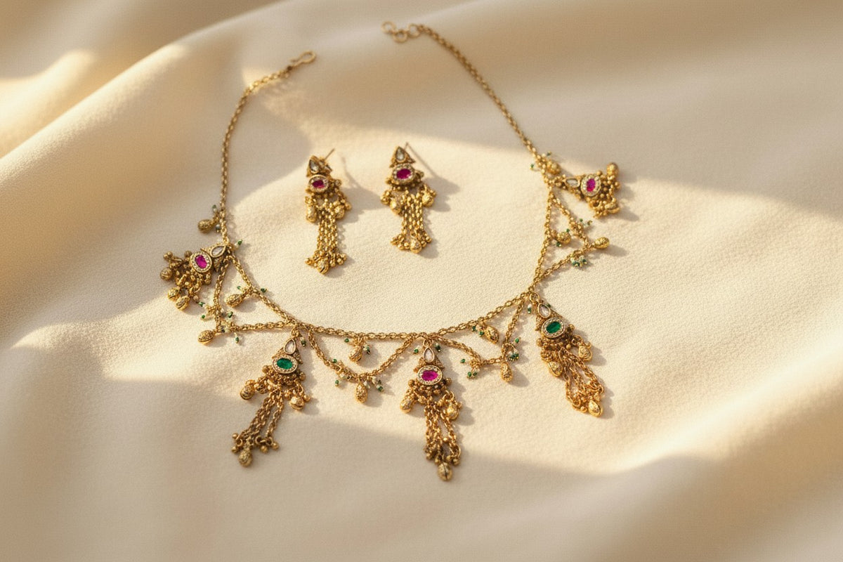 Antique Gold Multicolour Jhumka Charm Necklace Set