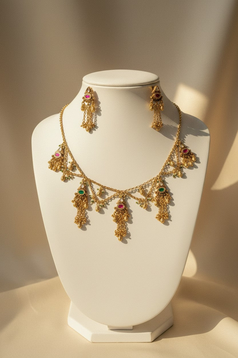 Antique Gold Multicolour Jhumka Charm Necklace Set