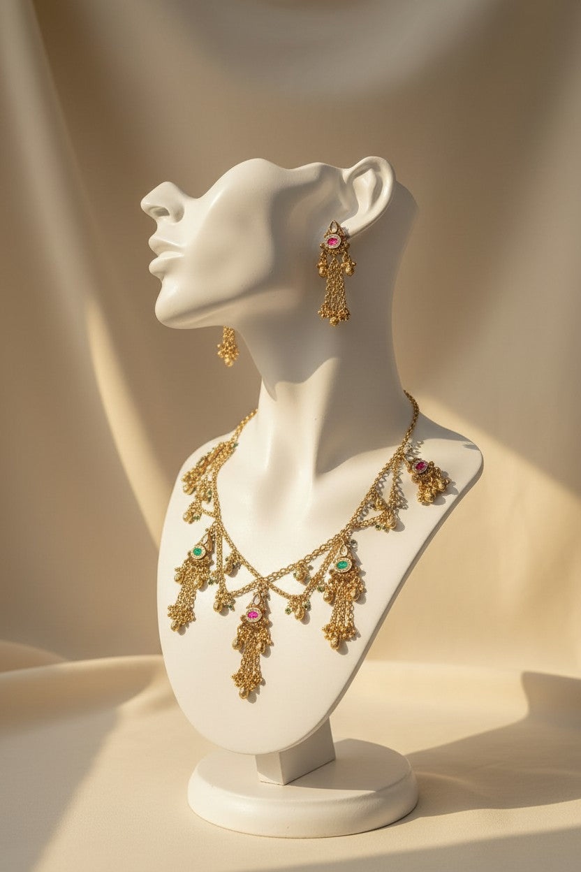 Antique Gold Multicolour Jhumka Charm Necklace Set