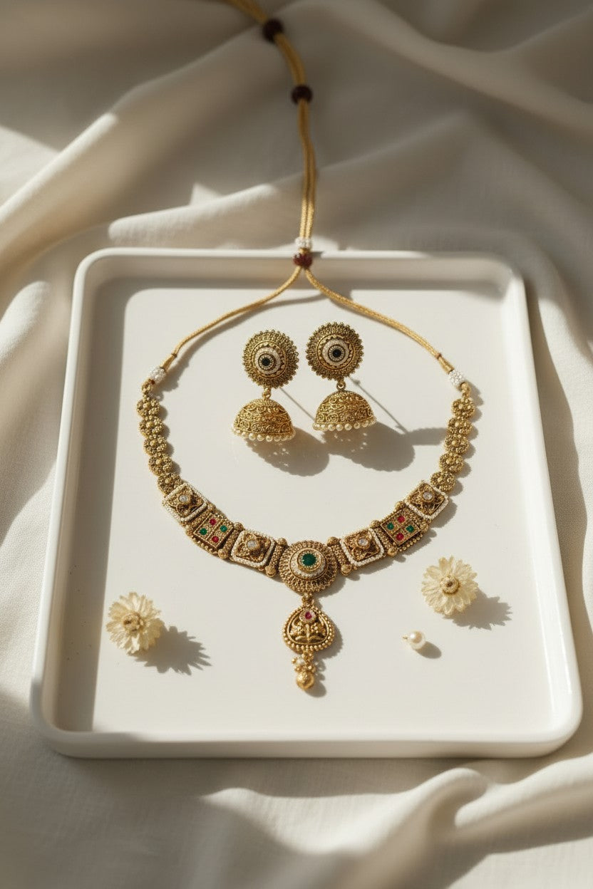 Antique Kundan Dome Jhumki Necklace Set
