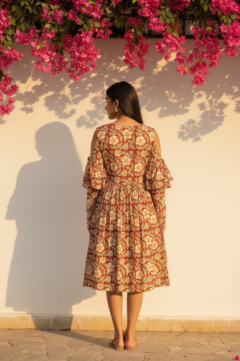 Bagru Bloom Cold-Shoulder Midi Dress