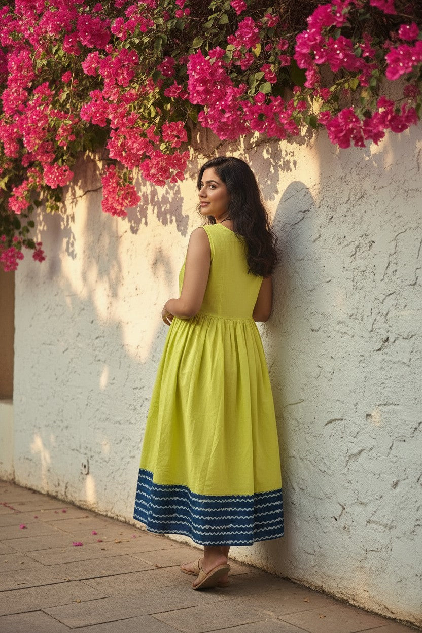 Lime Sunshine Bagru Block Print Midi Dress