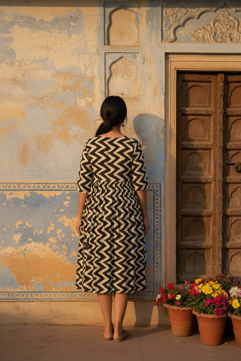 Zigzag Block Print Midi Dress