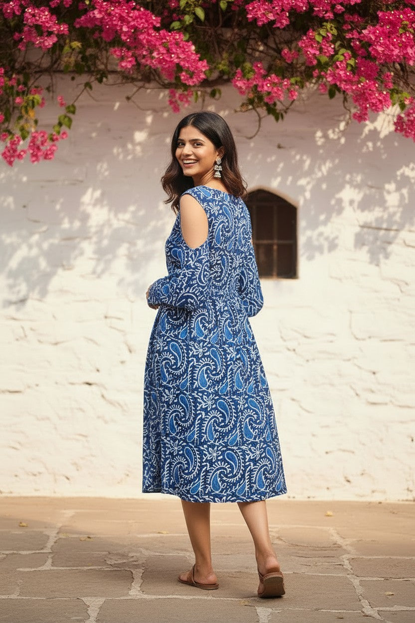 Indigo Paisley Cold-Shoulder Midi Dress