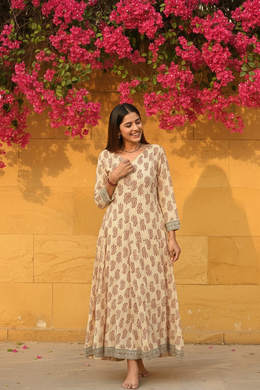 Ivory Sanganer Block Print Paisley Anarkali Maxi Dress