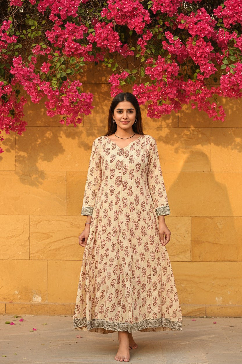 Ivory Sanganer Block Print Paisley Anarkali Maxi Dress