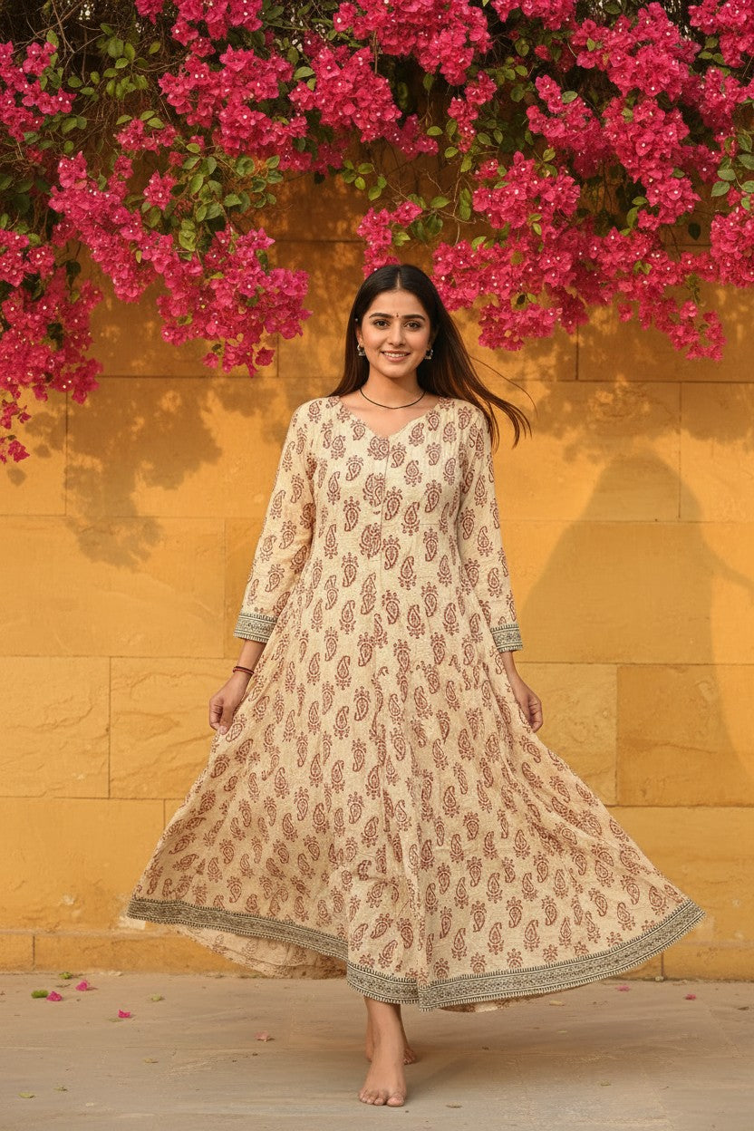 Ivory Sanganer Block Print Paisley Anarkali Maxi Dress