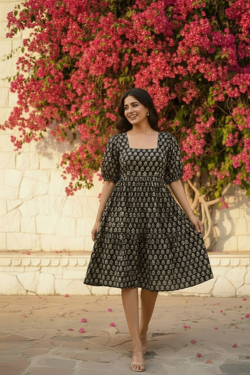 Midnight Bloom Block-Print Cotton Mini Dress