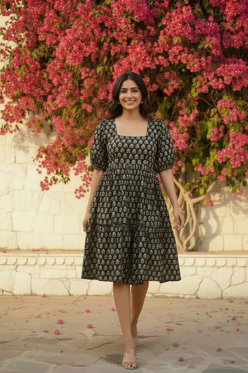 Midnight Bloom Block-Print Cotton Mini Dress