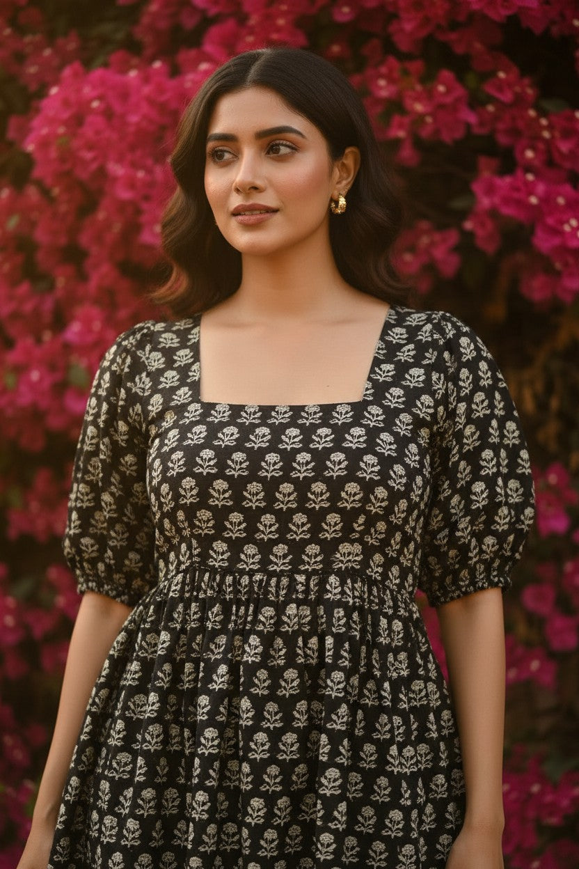 Midnight Bloom Block-Print Cotton Mini Dress