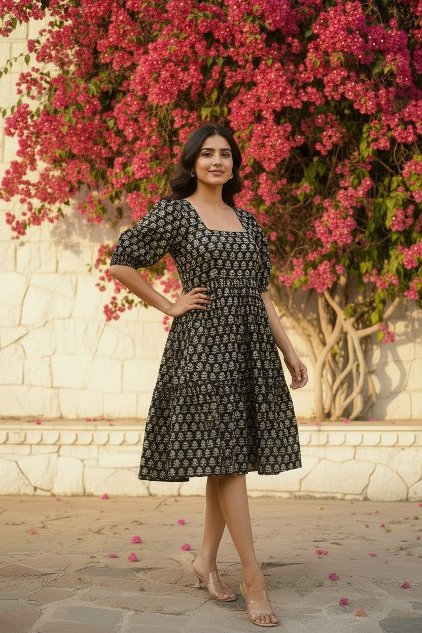 Midnight Bloom Block-Print Cotton Mini Dress
