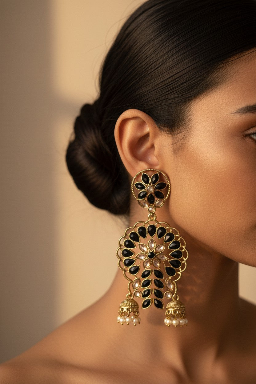 Black Kundan Chandbali Earrings