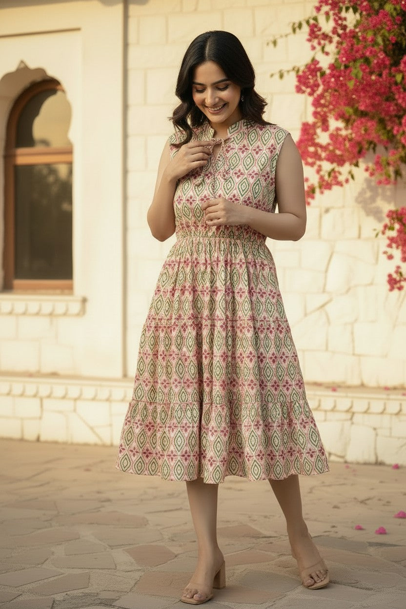 Floral Ogee Smocked Waist Tiered Midi Dress