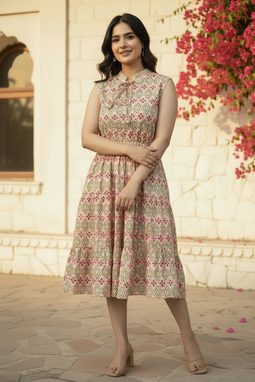 Floral Ogee Smocked Waist Tiered Midi Dress