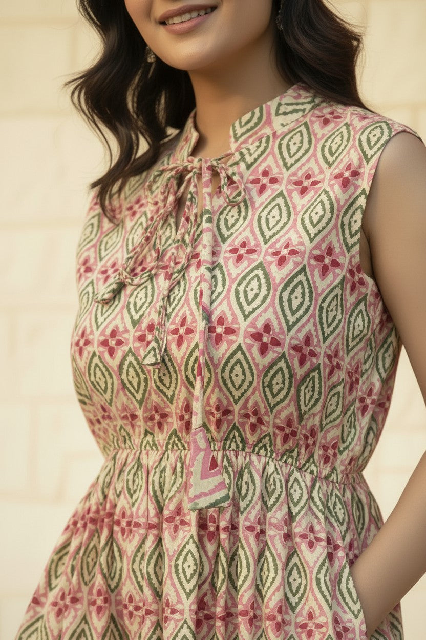 Floral Ogee Smocked Waist Tiered Midi Dress