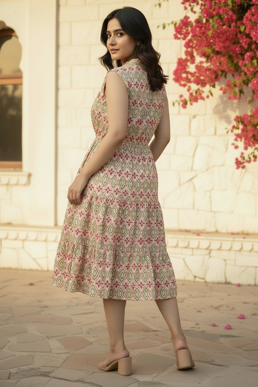 Floral Ogee Smocked Waist Tiered Midi Dress