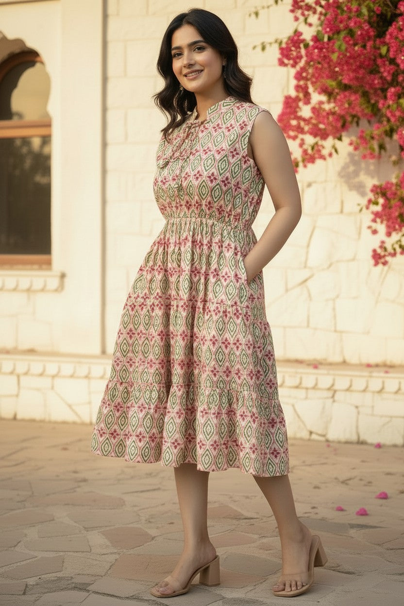 Floral Ogee Smocked Waist Tiered Midi Dress
