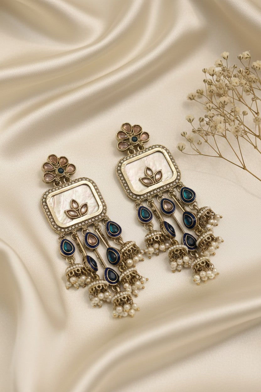 Blue Gemstone Pearl Dangle Earrings