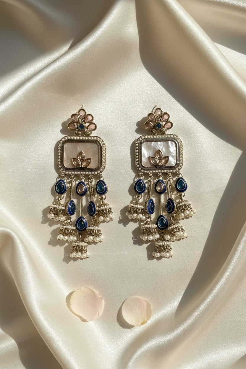 Blue Gemstone Pearl Dangle Earrings