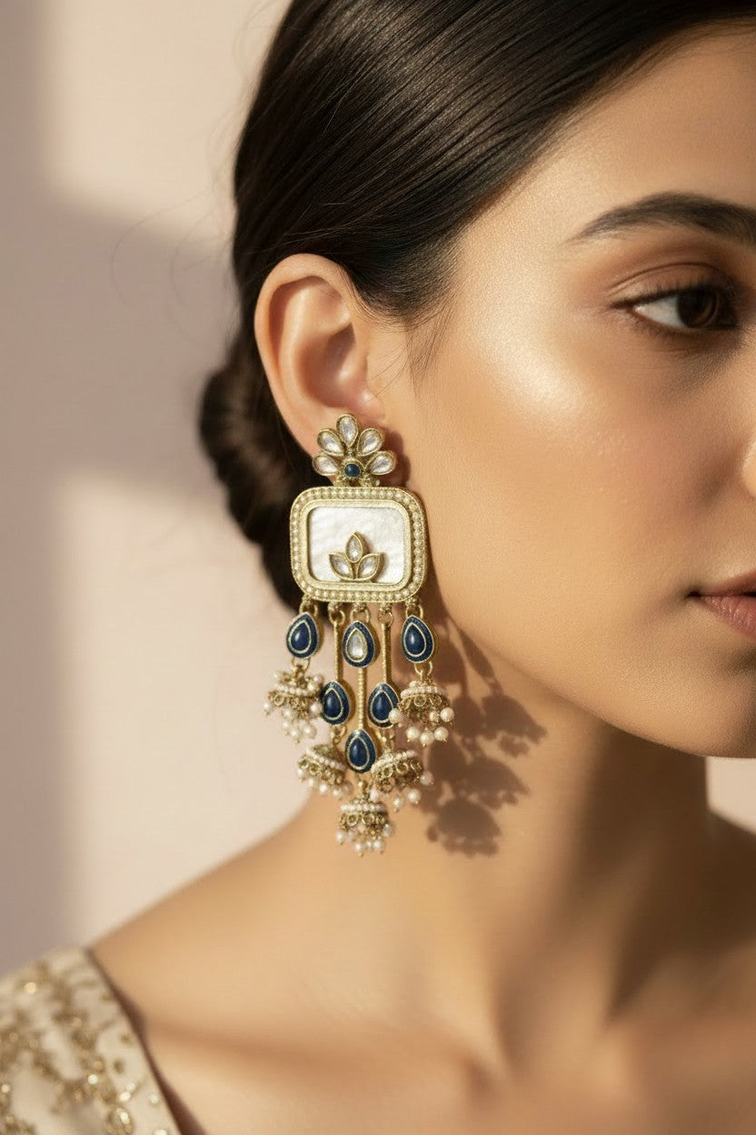 Blue Gemstone Pearl Dangle Earrings