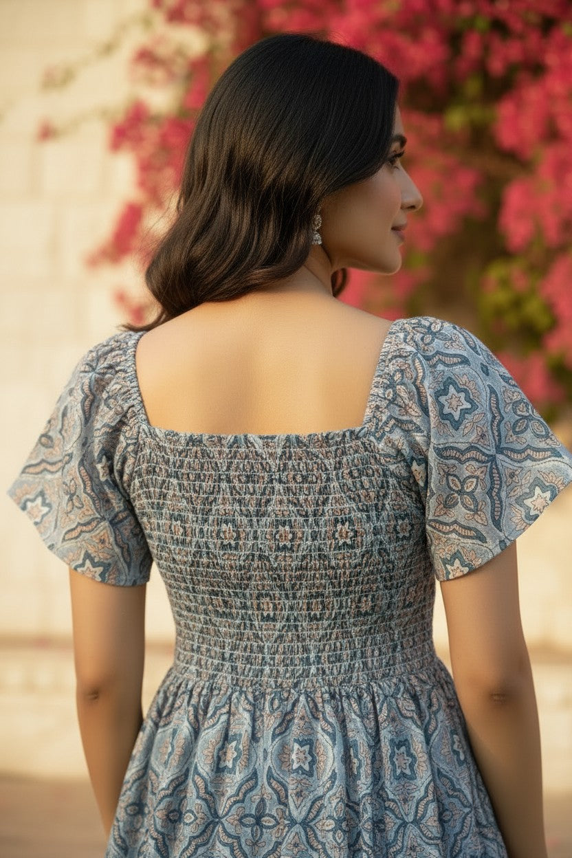 Aegean Blue Block Print Smocked Mini Dress