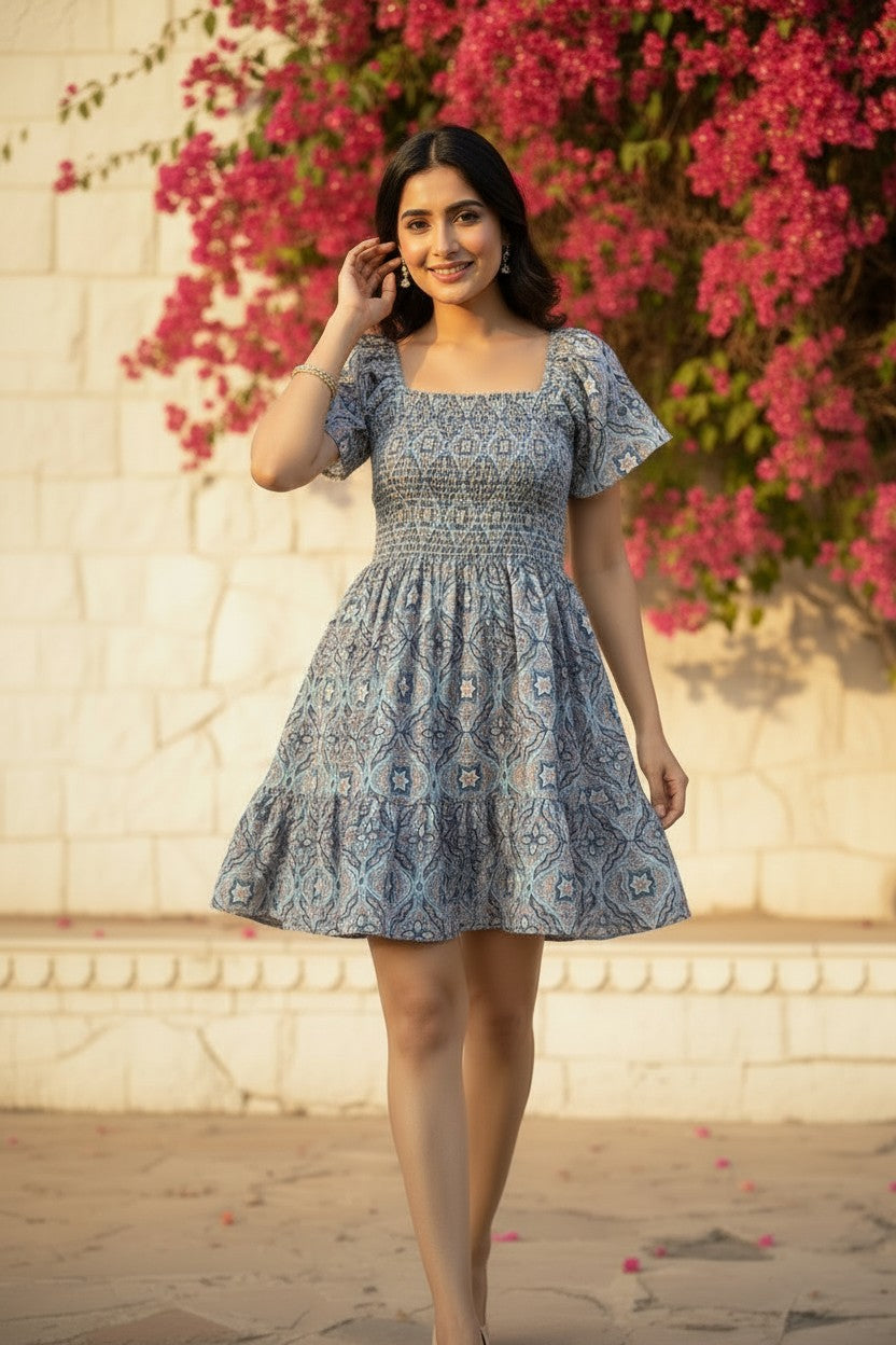 Aegean Blue Block Print Smocked Mini Dress