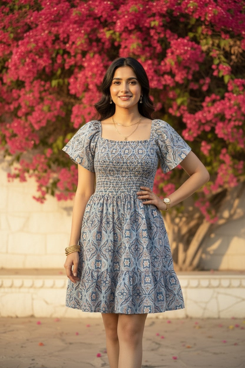 Aegean Blue Block Print Smocked Mini Dress