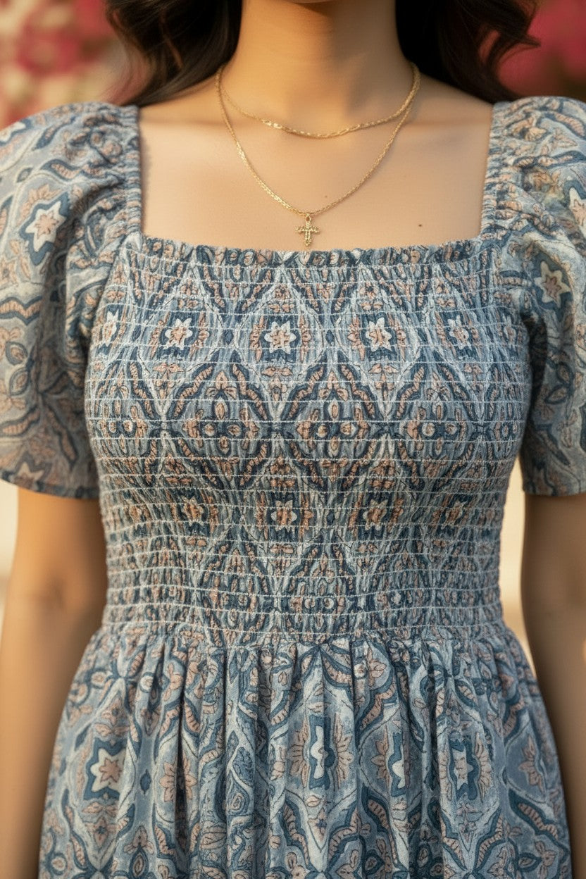 Aegean Blue Block Print Smocked Mini Dress