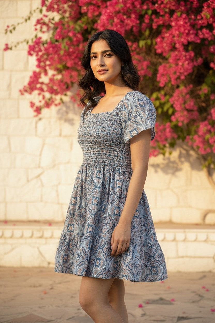 Aegean Blue Block Print Smocked Mini Dress
