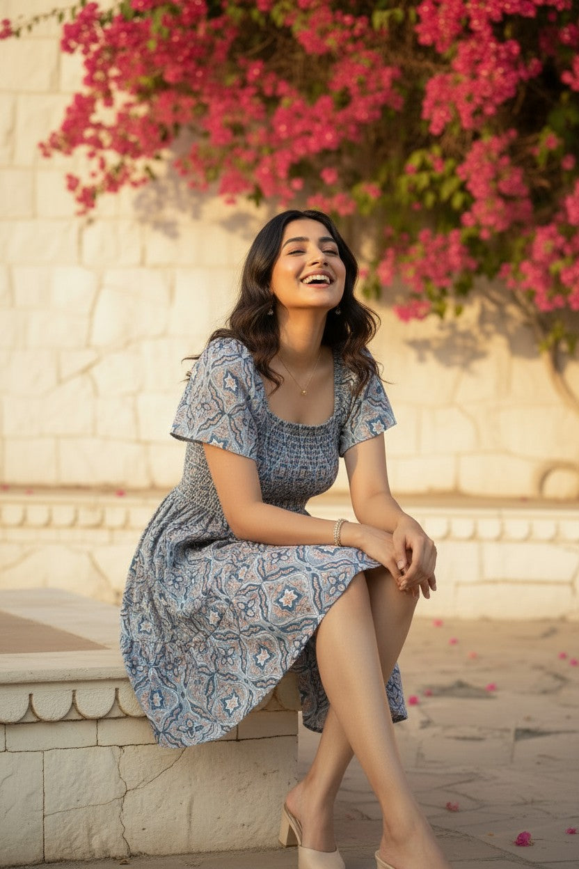 Aegean Blue Block Print Smocked Mini Dress