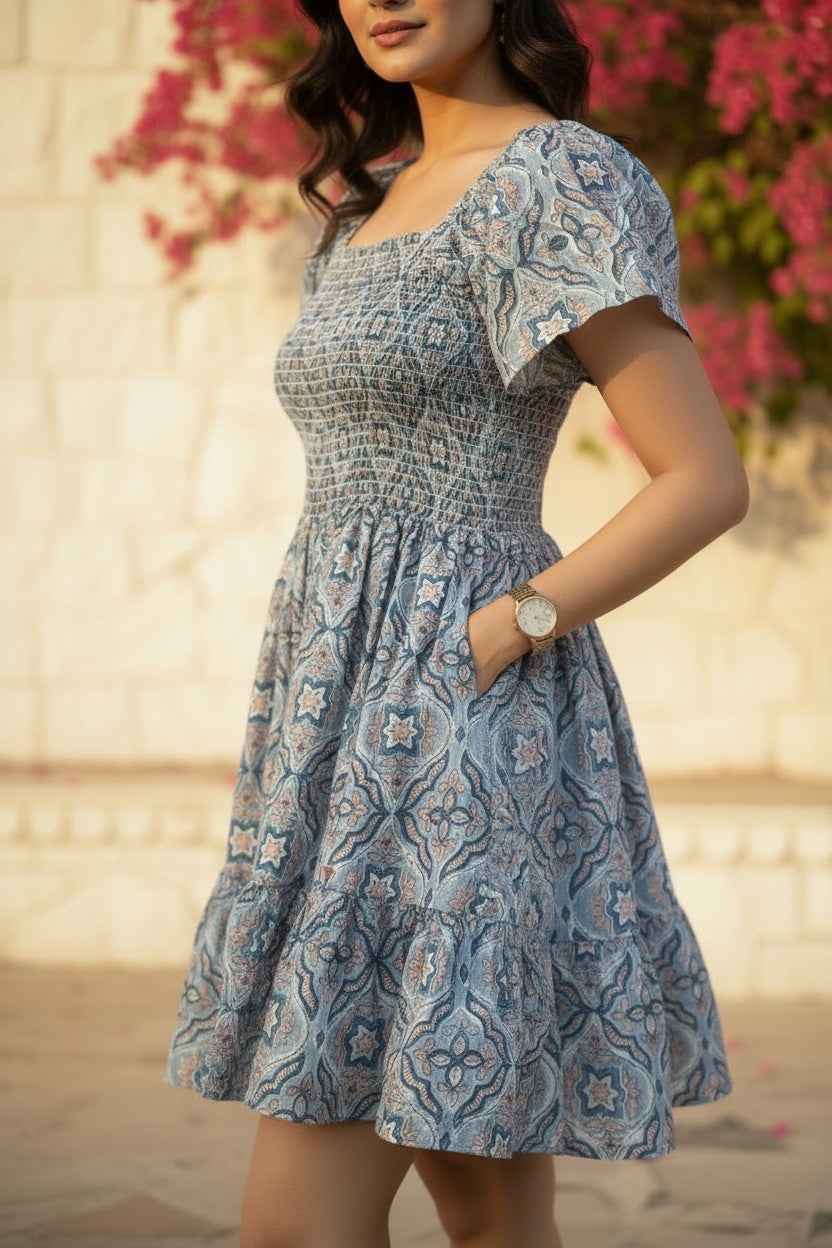 Aegean Blue Block Print Smocked Mini Dress
