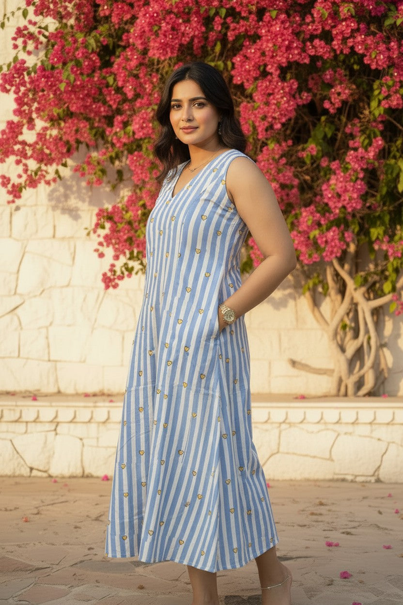 Blue Stripe Heart Motif Maxi Dress