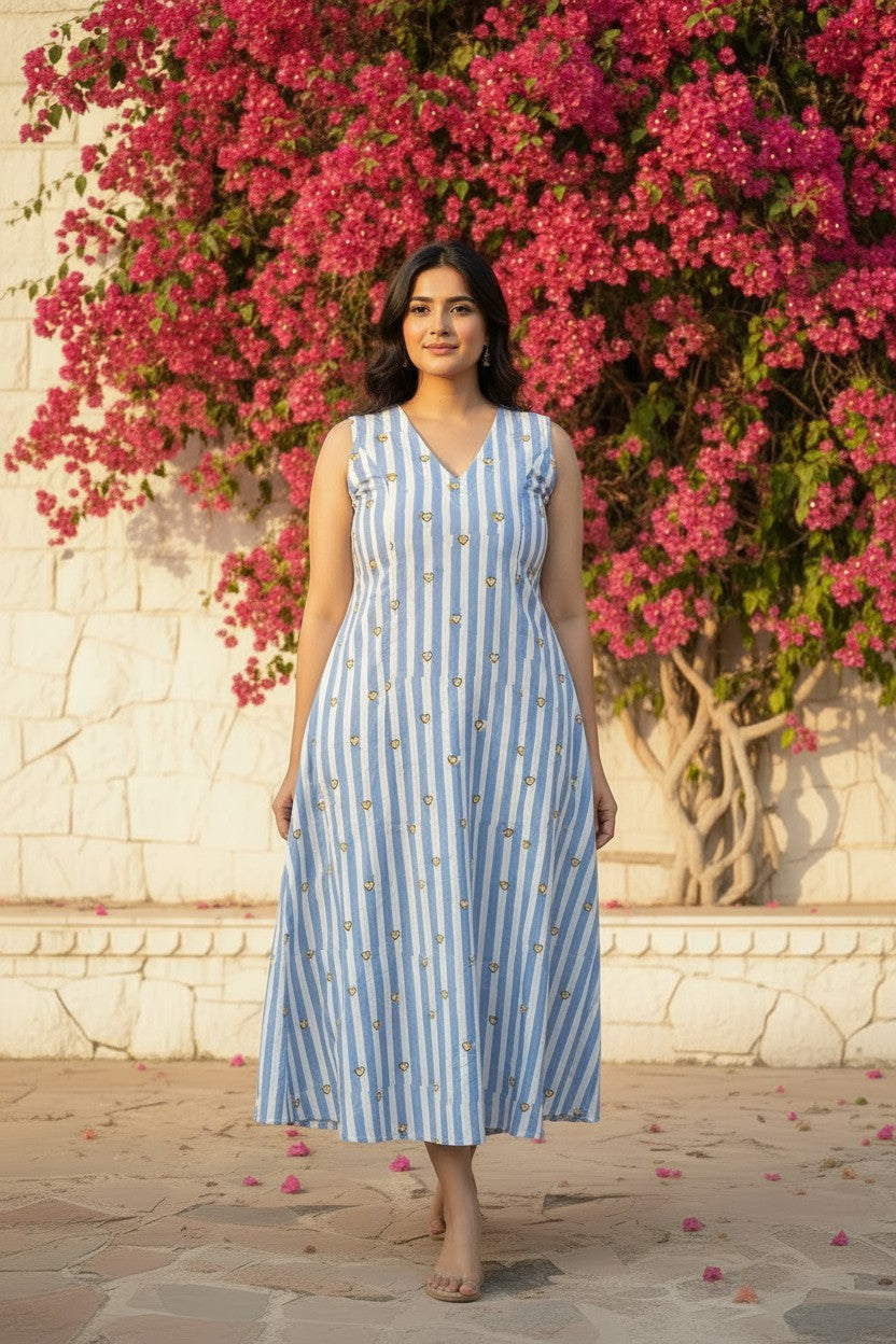 Blue Stripe Heart Motif Maxi Dress