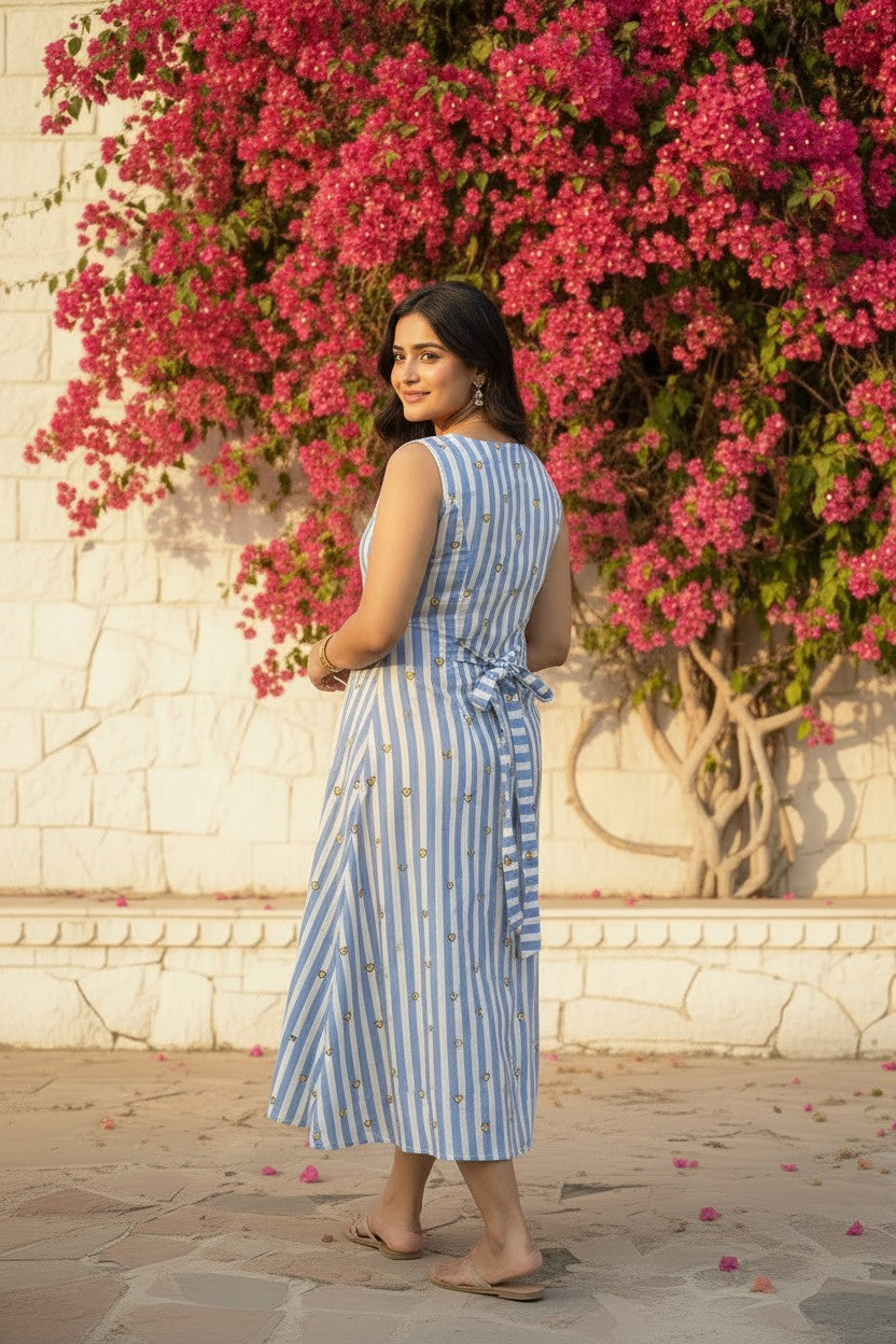 Blue Stripe Heart Motif Maxi Dress