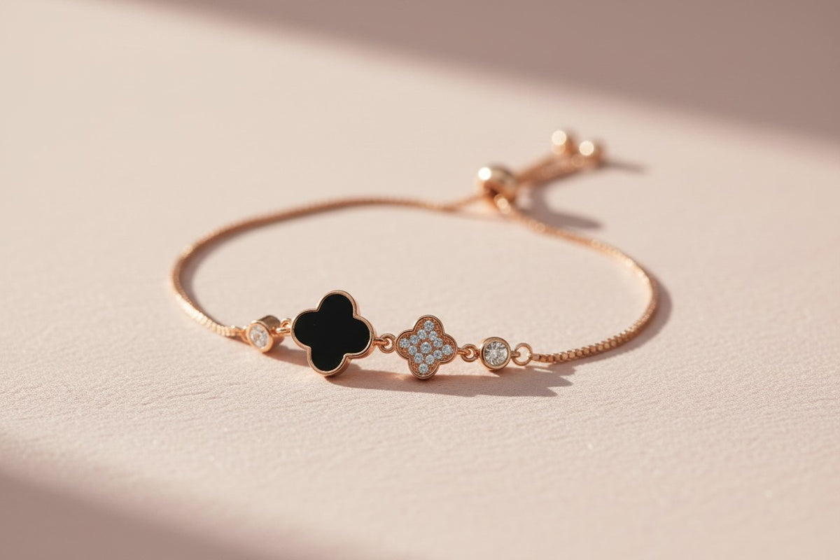 Black Onyx Clover Luck Rose Gold Bracelet