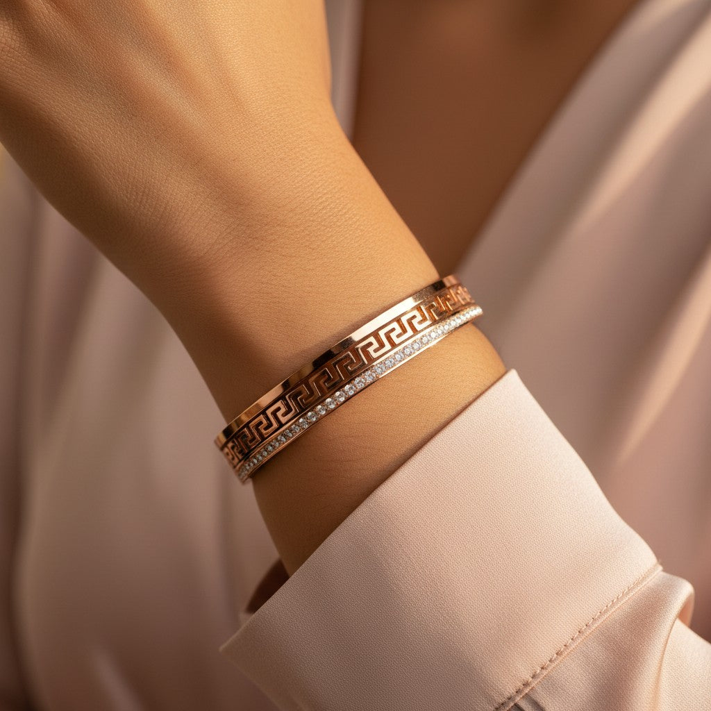 Rose Gold Greek Key Crystal Bangle